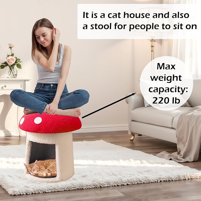Mushroom Cow Cat Bed House for Indoor Cats & Small Dogs - Soft Cave-Style Pet Nest with Removable Washable Cushion, Plush Semi-Enclosed Cat Cave Tent, (red and White, Sturdy) - Image 4