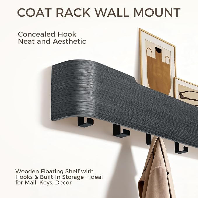 Coat Rack Wall Mount with Shelf Entryway Shelf Modern Key Holder Hanger Wall Shelves with Hidden Hooks for Hanging Towels Coats Hats Bags for Hallway Bathroom Bedroom(Black, 8 Hooks) - Image 4