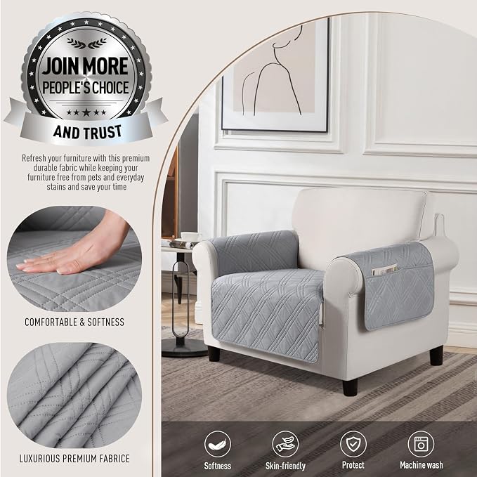 TAOCOCO Waterproof Chair Covers for Pets Dogs with Non Slip Backing, Chair Seat Covers with Side Pocket for 1 Seater Couch Washable Dog Couch Cover Protector Sofa Slipcovers(Chair, Light Gray) - Image 2