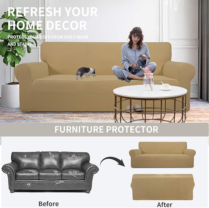 Easy-Going Stretch Chair Slipcover with Arm Washable Golden | 1-Piece Couch Sofa Cover Furniture Protector for Living Room Soft with Bottom For Kids, Pet. Spandex Jacquard - Image 4