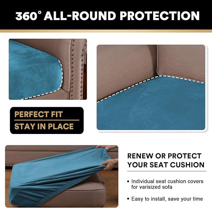 PrinceDeco Couch Cushion Covers, Stretch Washable Sofa Cushion Cover, Fitted Sofa Slipcover Velvet Fabric Non-Slip Furniture Protector for Dog,Pets, Kid (Each Width Up to 29.5", Blue) - Image 7