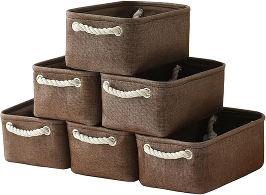 TheWarmHome Storage Basket for Organizing - 12x8x5 inch Small 6 Pack Collapsible Storage Bin for Shelves with Handles, Canves Storage Box for Cloth Closet Organizer Gift Toy (Brown) by TheWarmHome