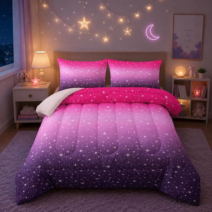 Nttopship Pink Purple Glitter Comforter Set Full Size 3 Pieces Bed in A Bag for Teen Girls,Pink Violet Gradient Bedding Set,Rainbow Colorful Tie Dye Bedroom with 1 Comforter and 2 Pillowcases by Nttopship
