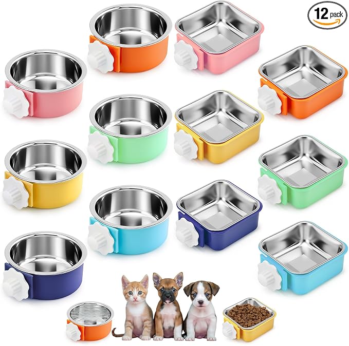 LemonRoad 12 Pcs Dog Crate Water Bowl Bulk No Spill Hanging for Kennel Removable Stainless Steel Puppy Food Water Feeding Bowls Cage Coop Cup for Dogs Cats Rabbits Birds Ferret(Mixed Style) by Unknown