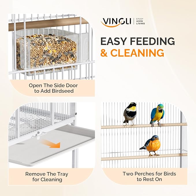 VINGLI 53-inch Bird Cage with Wheels, Durable Wrought Iron Parakeet Cage with Slide Out Tray, Black Bird Cages for Parakeets/Lovebird/Cockatiels/Budgies and Other Small/Medium Birds (White, 53 inch) - Image 4