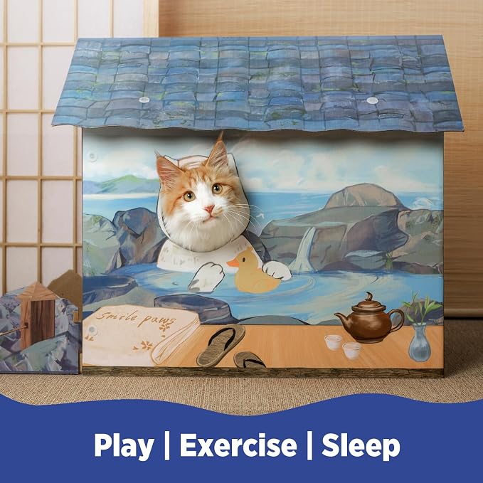 SMILE PAWS Cat Beds for Indoor Cats, Cardboard Cat House with Scratchers, Onsen Hotel, Large Sturdy Cat Furniture Condo Cave Tent, Easy to Assemble Pet Toys Accessories Stuffs, Bunny Small Animals - Image 4