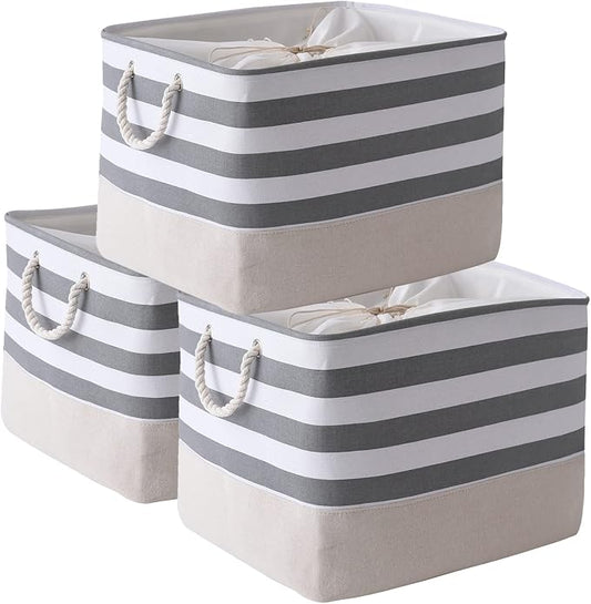 TheWarmHome Jumbo Storage Bins Baskets, Sturdy Fabric Organizing Basket W/Handles, Decorative Foldable Storage Baskets for Shelves Closet Nursery Toy (Grey&White Stripes 3 Pack, 20.5Lx15.7Wx13.8H in) by TheWarmHome