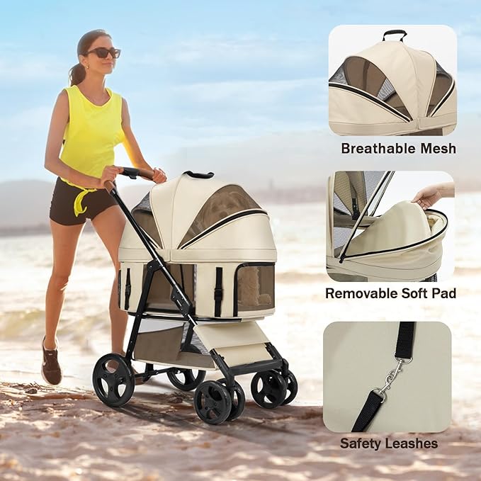 4 Wheels Pet Stroller for Small/Medium Dogs and Cats,Dog Stroller with Detachable Carrier and Storage Basket,One Click Folding, Compact Portable,Up to 50lbs,3 in1 Multifunctional(Khaki)