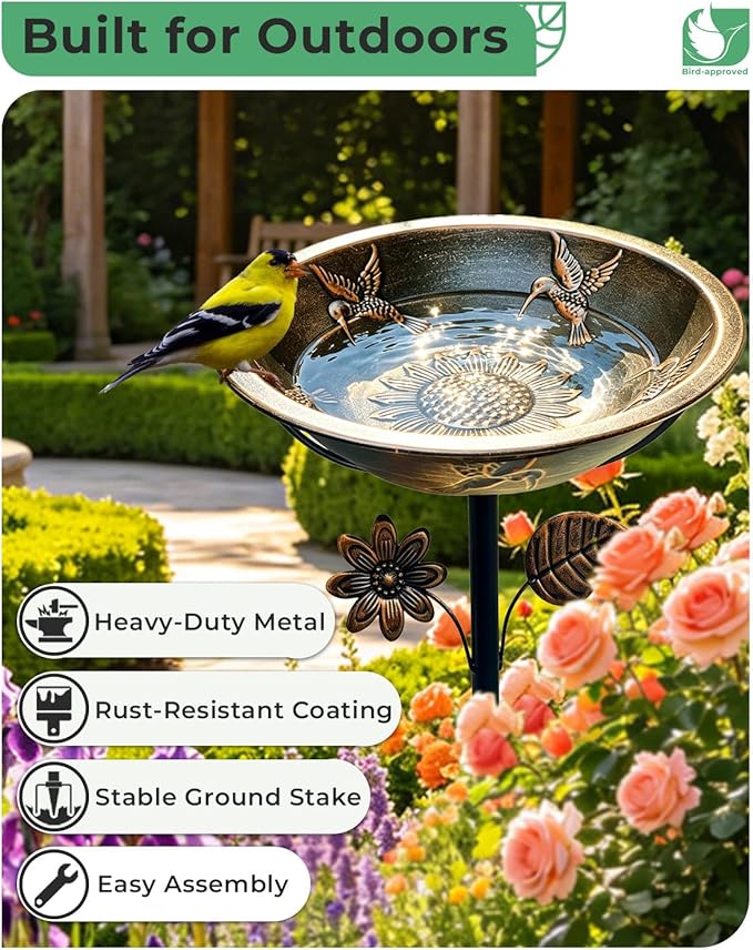 13" Metal Bird Bath for Outside – Hummingbird Embossed Garden Birdbath Bowl with Stake | Adjustable Height Outdoor Bird Bath, Removable Bowl, Rust Resistant Yard Lawn Decor - Image 4