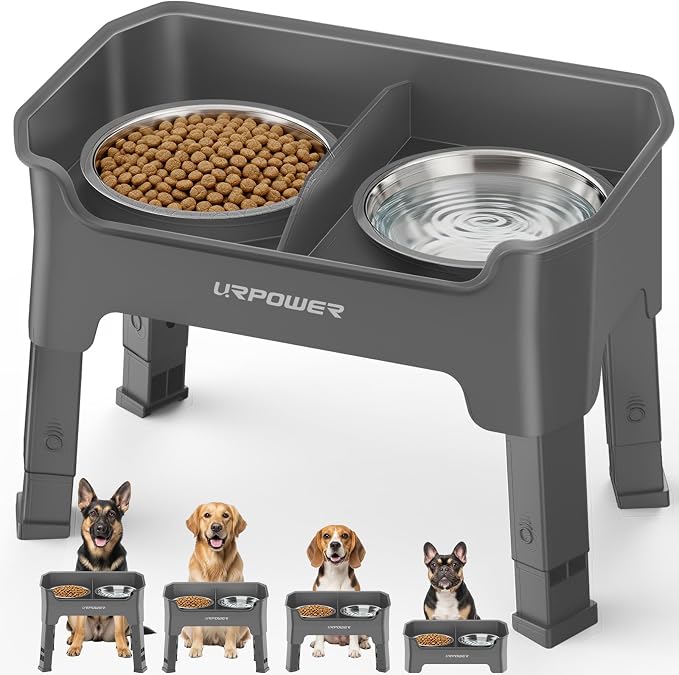 URPOWER Mess Proof Elevated Dog Bowls, Splash Guard Raised Bowl Stand | 4 Height Adjustable Raised Stand with 2 Stainless Steel Food Bowls & Licking Plate for Small, Medium & Large Dogs by URPOWER