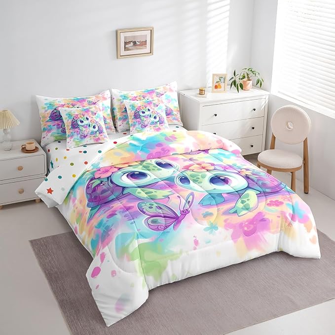 Erosebridal Kids Sea Turtle 7-Piece Bedding Set King Size, Marine Life Tortoise Comforter Set with Sheets, Watercolour Florals and Butterfly Bed in A Bag, Dreamy Aesthetic Bedding Comforter Sets - Image 2