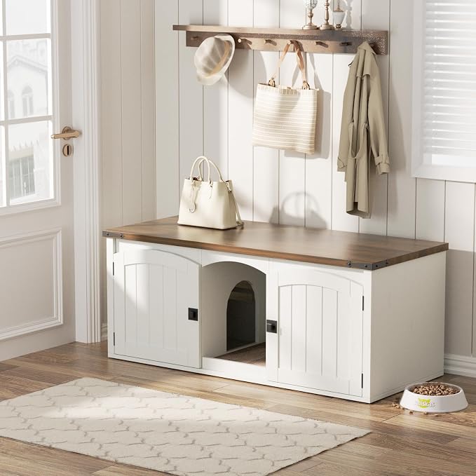 Halitaa Double Cat Litter Box Enclosure, Hidden Litter Box Furniture for 2 Cats, Farmhouse Cat House with Scratch Pad for 2 Litter Boxes, Wooden Enclosed Litter Box Furniture, Entryway Bench, White - Image 8
