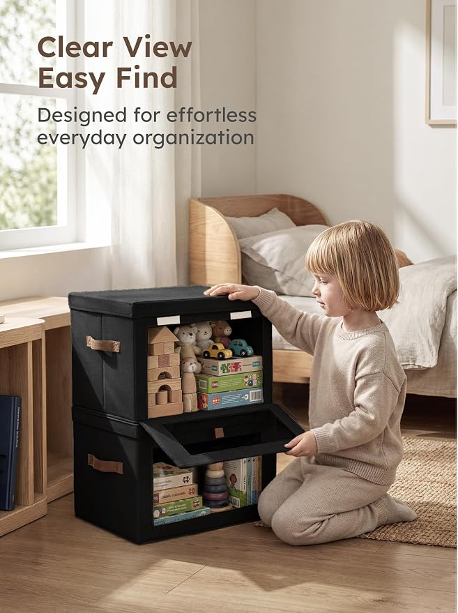 Homsorout Medium Fabric Storage Bins - Closet Shelf Organizer with Open Window, 5 Pack Closet Baskets for Shelves, Stackable Decorative Boxes for Home, Dorm, Black, 13.7" x 9.8” x 9.8" - Image 3