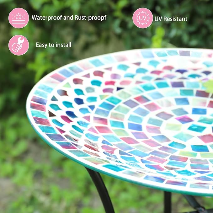 MUMTOP Mosaic Glass Bird Bath with Metal Stand for Garden Feeder Yard Decor | 14 Inch Width 19.68 Inch Height Outdoor Garden Bird Baths Bowl, Unique Glass Birdbaths Bird Feeder for Yard Decor - Image 2
