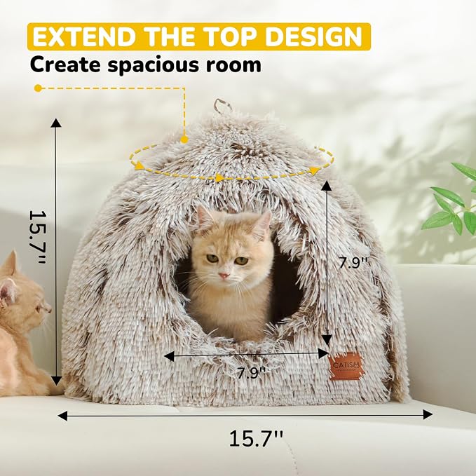 CATISM Cat Bed, Cat Cave for Indoor Cats, Soft Cat Dome, Self-Warming 2 in 1 Foldable Pet Cat House with Washable Cushioned Pillow Calming Fluffy Dog Beds for Small Dogs with Anti-Slip Bottom Brown | Soft Warm Washable Anti-Slip Bottom Removable Fluffy... - Image 3