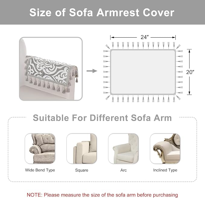 Loom and Mill Modern Damask Sofa Arm Covers 2 PCS, Sliver Gray, 20x24in | Luxury Contemporary Couch Armrest Cover with Tassels, Non-Slip Furniture Protector for Chair Sofa Recliners Couch Dogs Pets - Image 2