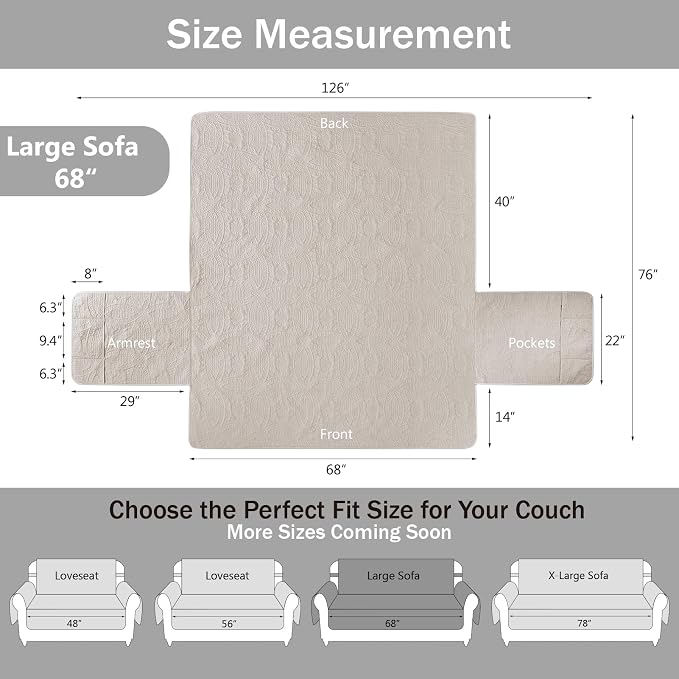 Quilted Beige Sofa Slipcovers with Pockets, Anti-Slip Medallion Couch Covers for Sofa, Couch Cover for Dogs Cats Water-Repellent Machine Washable Sofa Cover (Large Sofa 68", Beige Cream) - Image 7