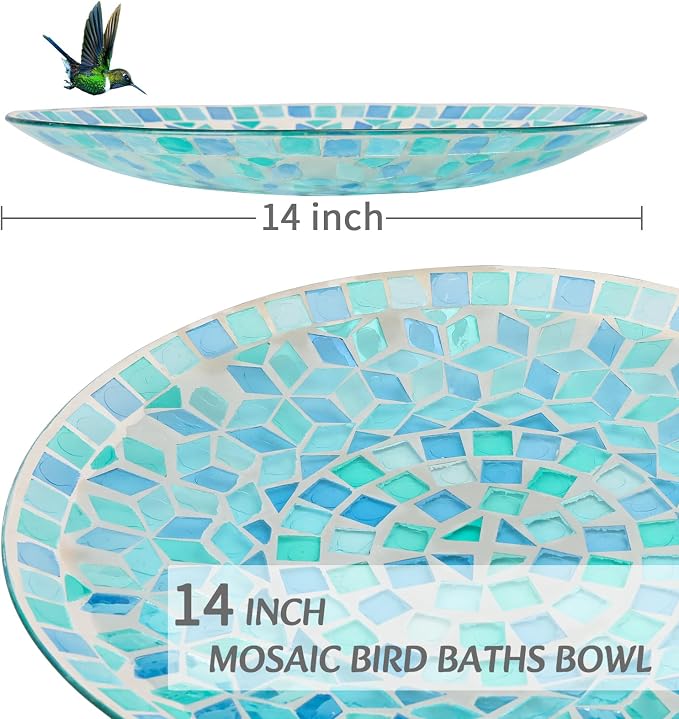 MUMTOP Mosaic Glass Bird Baths with Metal Stand for Garden Birdfeeder Decor | 14 Inch Width 19.68 Inch Height Outdoor Garden Bird Bath Bowl, Unique Glass Birdbaths Bird Feeder for Yard Decor - Image 6