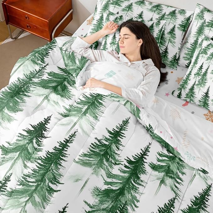 Erosebridal Green Christmas Twin Comforter Set with Sheets 7 Piece Winter Forest Pine Tree Bed in A Bag Merry Christmas Tree Theme Bedding Sets for Women Men New Year Holiday Xmas Bed Set - Image 2