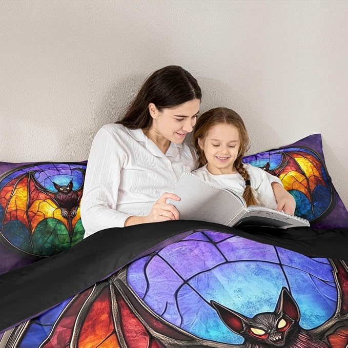 Manfei Halloween Bat Comforter Set King Size,Mystic Bat Wild Animal Bedding Set for Kids Girls Boys Room Decor,Spider Web Geometric Soft Duvet Insert for All Season,2 Pillowcase,Dark Purple Green - Image 3