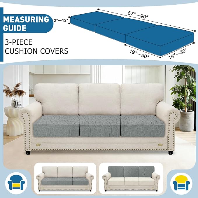 MAXIJIN Waterproof Couch Cushion Covers Individual Sofa Seat Cushion Cover Stretch Sectional Sofa Slipcovers with Elastic Bottom for Dogs Pets (3 Pieces for Seat or Backrest, Light Gray) - Image 2