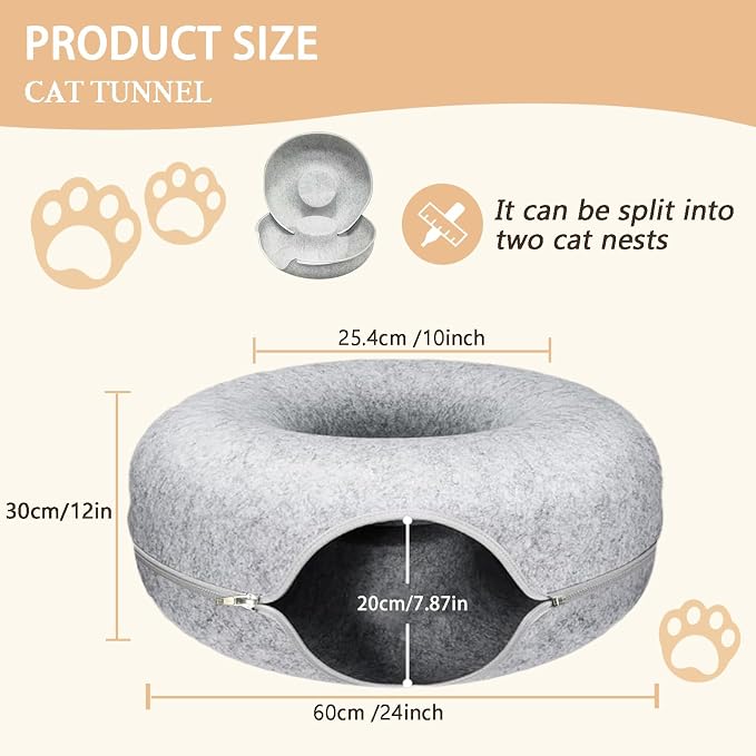 Tunnel Bed for Indoor,cattasaurus Peekaboo cat cave for Multiple,Detachable Felt Felt Washable Interior for Indoor Cats,Donut Tunnel -24inch (Light Gray + Dark Gray) - Image 2