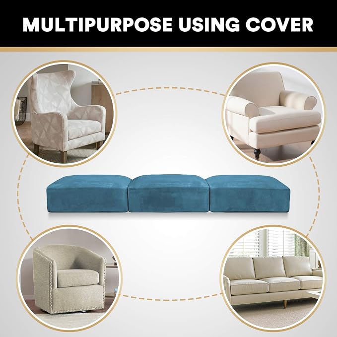 PrinceDeco Couch Cushion Covers, Stretch Washable Sofa Cushion Cover, Fitted Sofa Slipcover Velvet Fabric Non-Slip Furniture Protector for Dog,Pets, Kid (Each Width Up to 29.5", Blue) - Image 6