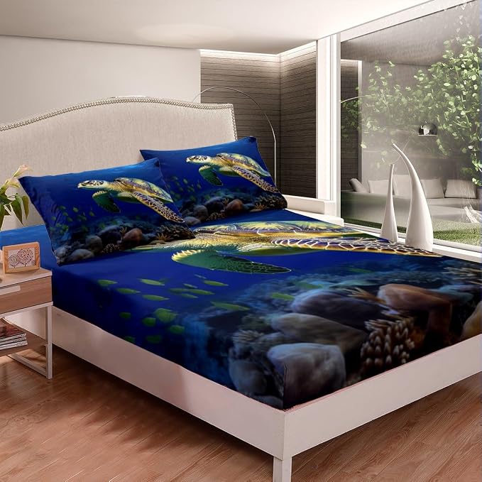 Erosebridal 3D Sea Turtle Bedding Set Blue King for Boys Kids Girl Ocean Beach Themed 4 Piece Sheet Set Children Teens Retro Tortoise Fitted Sheet Hawaiin Turtle Fish Print Flat Sheet for All Seasons - Image 3