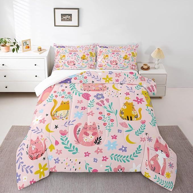 Feelyou Kids Funny Cats Bedding Set Girls Cute Flower Cartoon Kitty Kitten Comforter Set Toddler Size Animal Theme Duvet Insert Girly Kawaii Room Pink Decor - Image 5