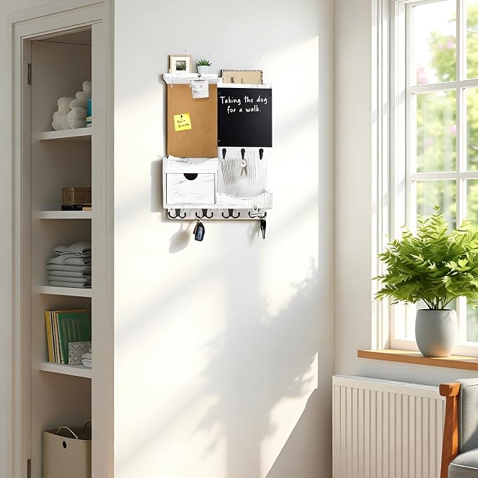 Key Holder Wall Mount， Mail Organizer Key Holder for Wall with Shelf, Drawer, Chalkboard, Corkboard, Home Decor Wall Mounted for Room Entryway(Whitewashed) - Image 4