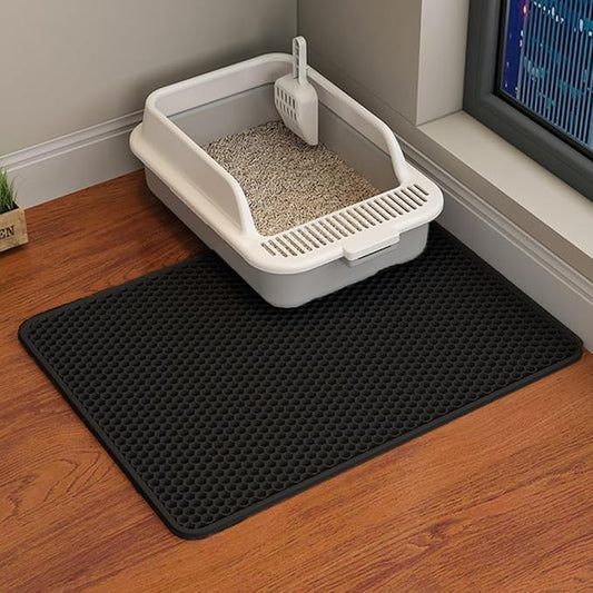 HCY&WLD Cat Litter Mat, 45x26/35x24/30x22/24x18 Inch Double Layer Cat Litter Box Mat, EVA Non-Slip, Waterproof Urine Proof Cat Litter Catcher Mat, Easy Clean Scatter Control (24x18 Inch, Black) by HCY%26WLD