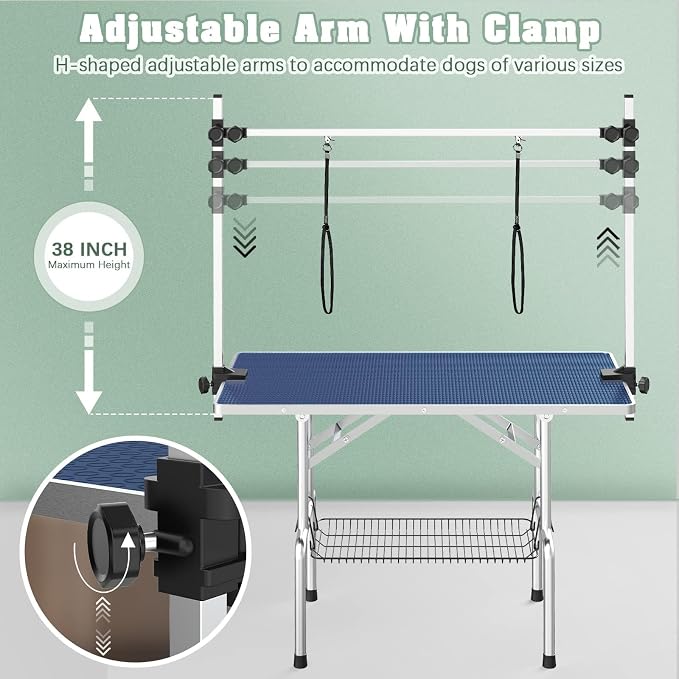 Lyromix 42'' Stainless Steel Pet Dog Grooming Table, Arm/Noose/Tray, Blue | Foldable Dog Grooming Table for Dogs at Home, Adjustable Height Arm, Non-Slip Waterproof Tabletop, Capacity 330Lb - Image 4