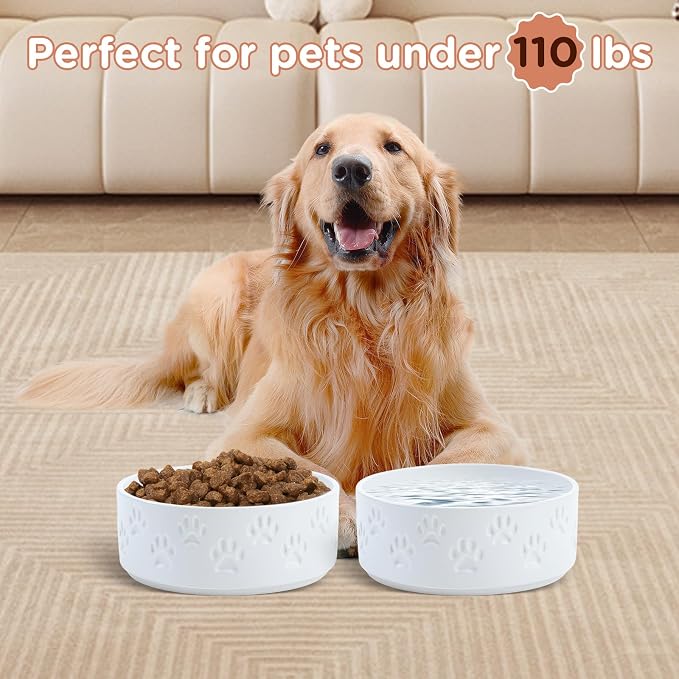 SPUNKYJUNKY Ceramic Dog Bowls 2 Pack, 8.3'' Dog Food Water Double Feeding Bowls Non-Slip for Medium to Large Sized Breed Microwave Dishwasher Safe - 60 OZ, 2pcs, Paw White - Image 6