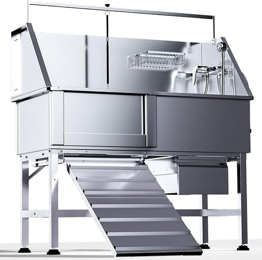 Dog Washing Station for Home,46" Stainless Steel Dog Bathing Station Height Adjustable Dog Washing Station for Home Dog Grooming Tub Ramp, Drawer, Floor Grate & Fauct by RUDCXDY