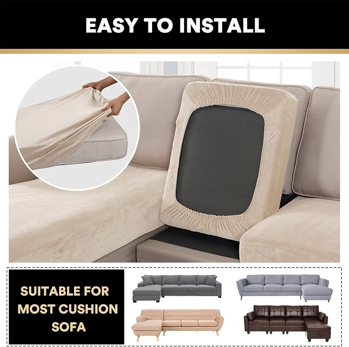PrinceDeco Sectional Couch Covers 4 Pieces Couch Covers for Sofa Velvet Separate Couch Cover L Shape for Left/Right Chaise(3 Seater + 1 Chaise,Ivory) - Image 6