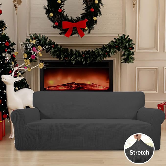 Easy-Going Stretch Couch Covers for Sofa Washable Large Dark Gray | 1-Piece Sofa Covers for 3 Cushion Couch Furniture Protector Couch Slipcover Soft with Elastic Bottom for Kids Pets - Image 2