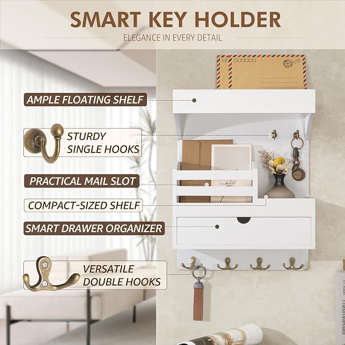 Rebee Vision Key Holder Wall Mount with Drawer & Shelf for Entryway, White | Pine Wood, Key Holder for Wall, 6 Sturdy Key Hooks, Wall Shelf, Drawer Organizer, Modern Home Decor, Decorative Storage - Image 5