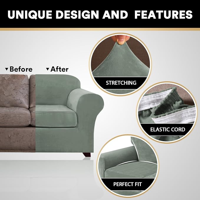PrinceDeco Couch Cover Velvet Plush Sofa Covers for 2 Cushion Couch Width Up to 90 Inch Washable Furniture Protector Pet Friendly No Slip Sofa Slipcover(Medium-Large, Seagrass) - Image 3