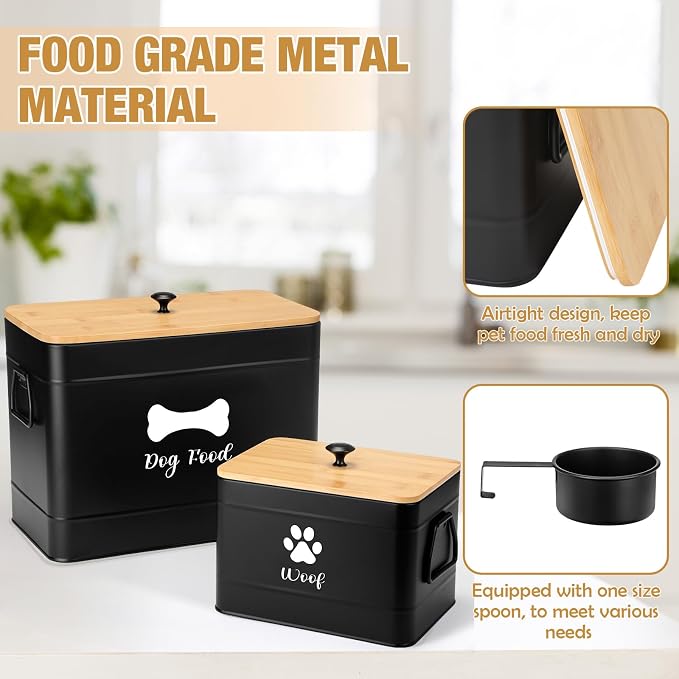 Newtay 2Pcs Extra Large Metal Dog Food Containers Airtight 12 & 3.5 Lbs Dog Treat Snack Jars Set of 2 with Bamboo Lids and Spoons Farmhouse Big Pet Cookie Storage Jars for Kitchen Counter Gift(Black) - Image 3