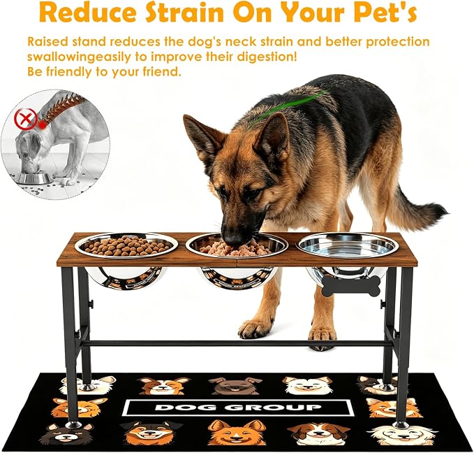 XXLarge Wooden Elevated Dog Bowl Stand – 4 Adjustable Heights (11.8"-17.7"), Wooden & Metal with 3 Stainless Steel Bowls & Splash Pad for Large & Extra Large Breeds - Image 2