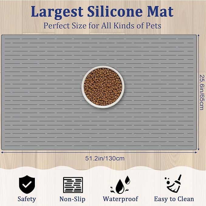 XXXXL Largest Pet Food Mat, 51.2"x25.6"(130cmx65cm) Silicone Dog Mats for Food and Water, Nonslip Pet Feeding Mats for Floors,Dog Cat Bowl Mat with Raised Edges, Light Gray - Image 2