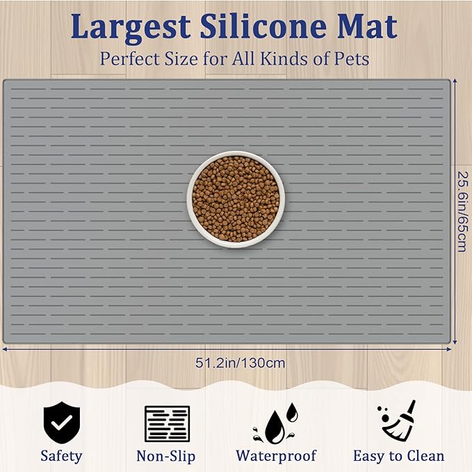XXXXL Largest Pet Food Mat, 51.2"x25.6"(130cmx65cm) Silicone Dog Mats for Food and Water, Nonslip Pet Feeding Mats for Floors,Dog Cat Bowl Mat with Raised Edges, Black - Image 2