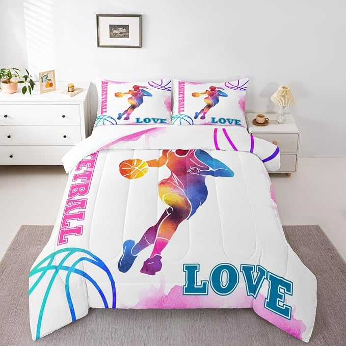 Basketball Lovers Kids Comforter Set Full Size,Modern Sports Games Competition Bedding Set,Girls Boys Adults Room Decor,Hand Painted Fashion Down Comforter,Pink Purple Duvet Insert,2 Pillowcases - Image 5