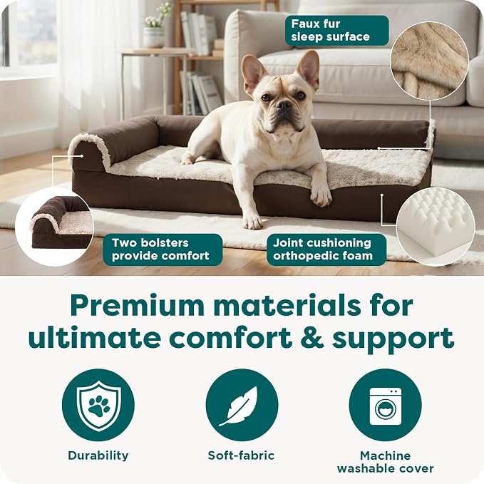 Furhaven Orthopedic Dog Bed for Medium/Small Dogs w/ Removable Bolsters & Washable Cover, For Dogs Up to 35 lbs - Two-Tone Plush Faux Fur & Suede L Shaped Chaise - Espresso, Medium,30"L x 20"W x 6"Th - Image 5