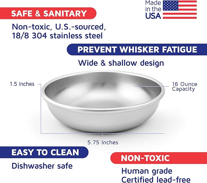 Stainless Steel Cat Bowls for Food & Water by Americat – Made in USA – Dishwasher Safe, Human Grade, Whisker Friendly Dishes (2 Bowls) - Image 2