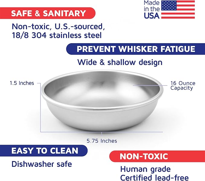 Stainless Steel Cat Bowl for Food & Water by Americat – Made in USA – Dishwasher Safe, Human Grade, Whisker Friendly Dish (1 Bowl) - Image 2