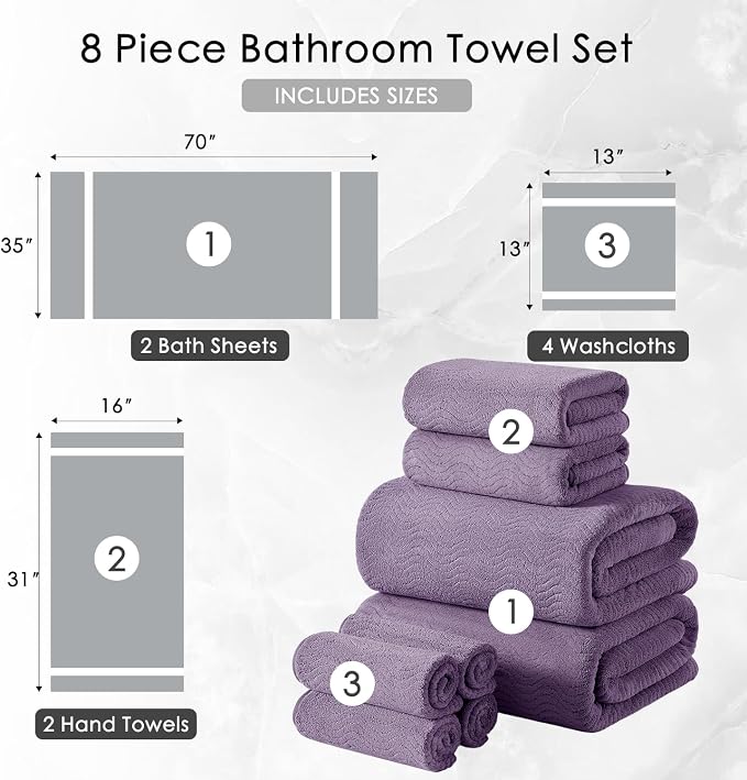 8 Piece Bath Towel Set |2 Oversized Large Bath Sheet,2 Hand Towels,4 Washcloths| Ultra Soft Cozy Bath Towel Set for Bathroom Hotel Gym Spa,Highly Absorbent Quick Dry Bathroom Towel Collections,Purple - Image 5