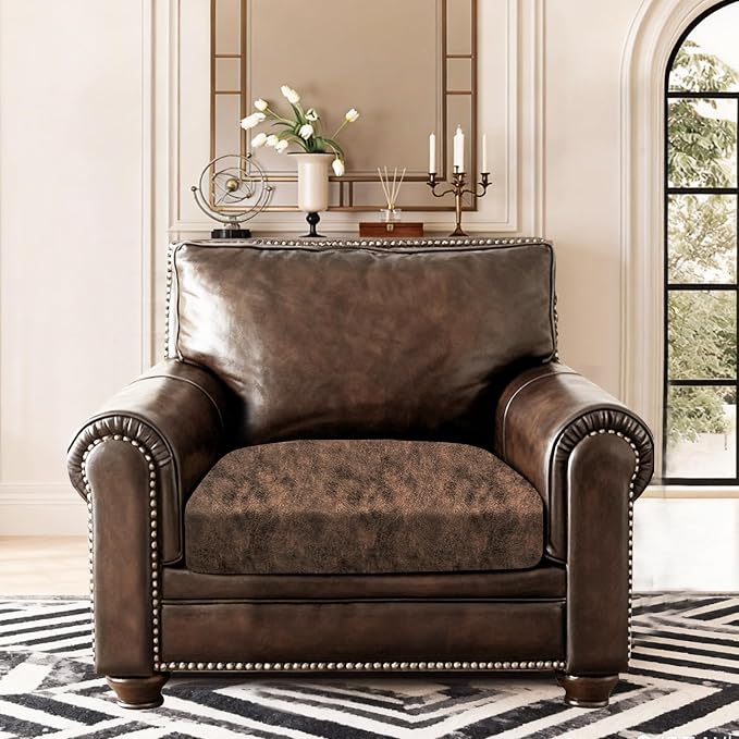 ANARACHON Leather Look Couch Cushion Covers Sofa Seat Slipcovers Sets Couches Furniture Protector for Sectional Armchair Loveseat Pets Kids Stretch Spandex Fabric (1 Cushion Armchair, Dark Brown) - Image 2