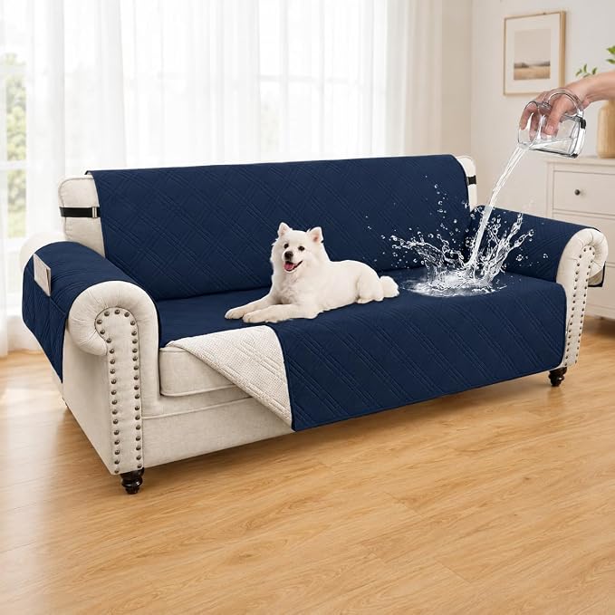 100% Waterproof Couch Cover for Dogs, Washable Anti-Slip Sofa Cover with Elastic Straps & Side Pockets, Quilted Furniture Protector for Kids & Pets (3 Cushion 68", Navyblue) by Unknown