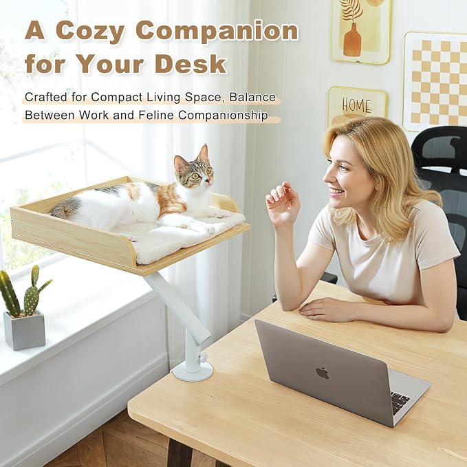 PAWZ Road Cat Desk Bed, Wooden Cat Bed for Desk Supports Up to 50 lbs, 360° Rotation & Adjustable, Nest Desktop Attachment Cats Hammock for Table, Beige - Image 7